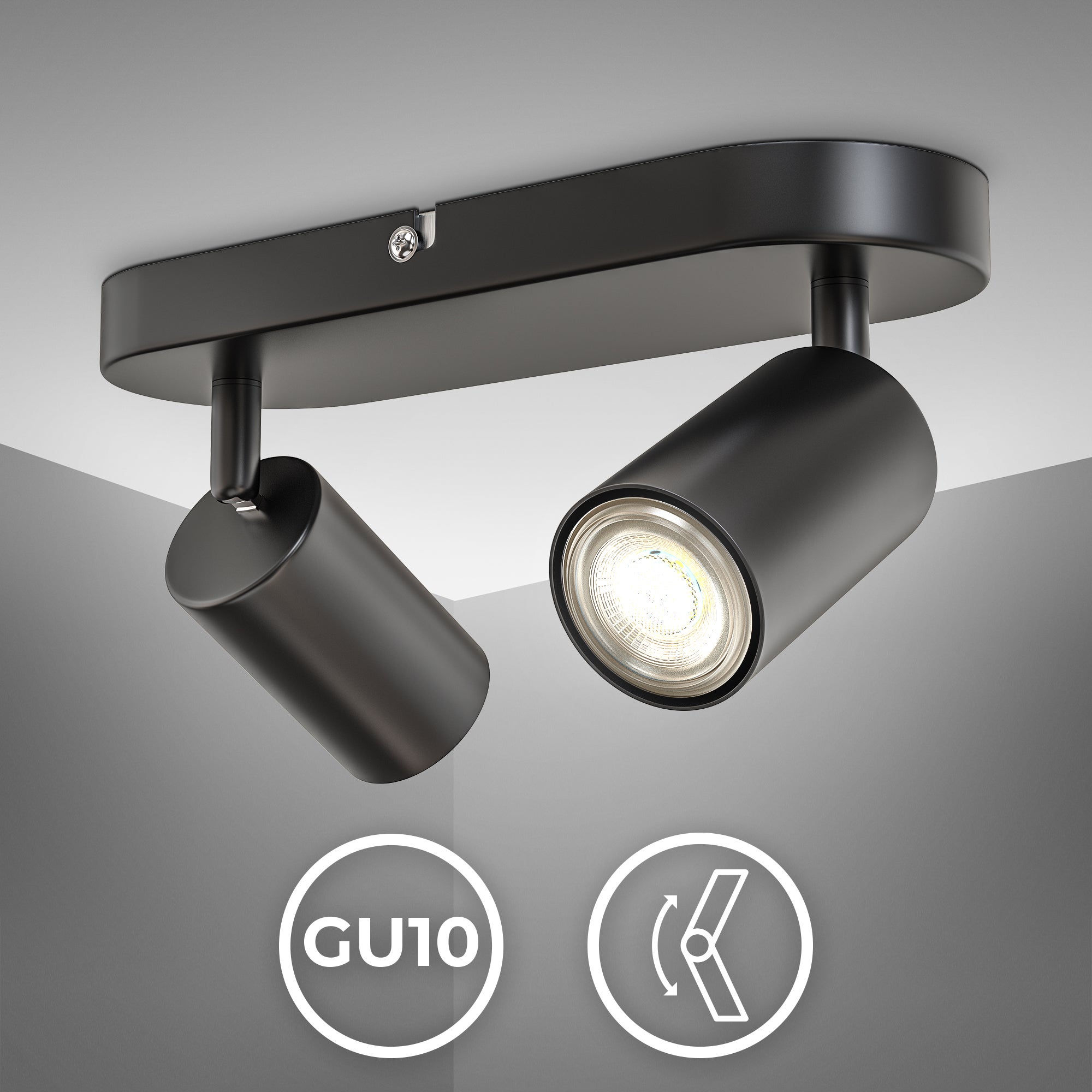 Spot LED 2 lampes - IP20 - 270x60x90mm - Noir - 2xGU10 max. 9W - non dimmable - têtes orientables - B.K.Licht - 2