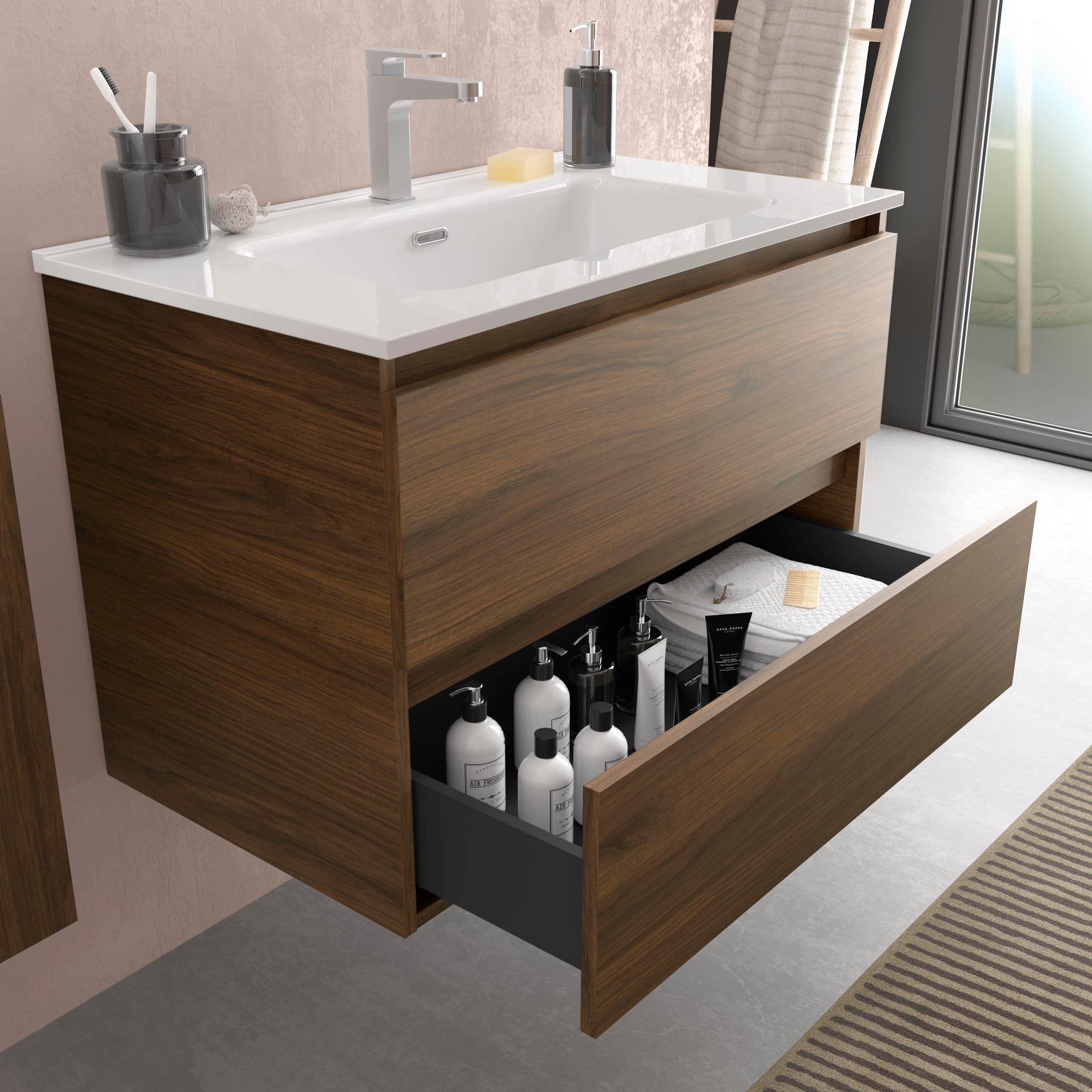 Meuble de salle de bain BEQUIA 70cm Noyer | Vasque Porcelaine - 2