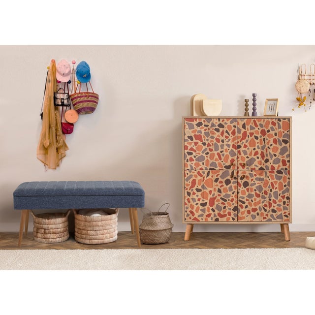 Elegante set di mobili da ingresso, truciolato rivestito in melaminico al 100%, spessore 18 mm, gambe in legno, scarpiera e panca, Sonomo e blu scuro,