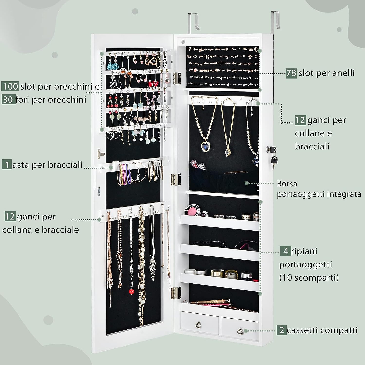 Armoire à Bijoux à Fixation Murale/Porte 6 LED et 2 Tiroirs - 7