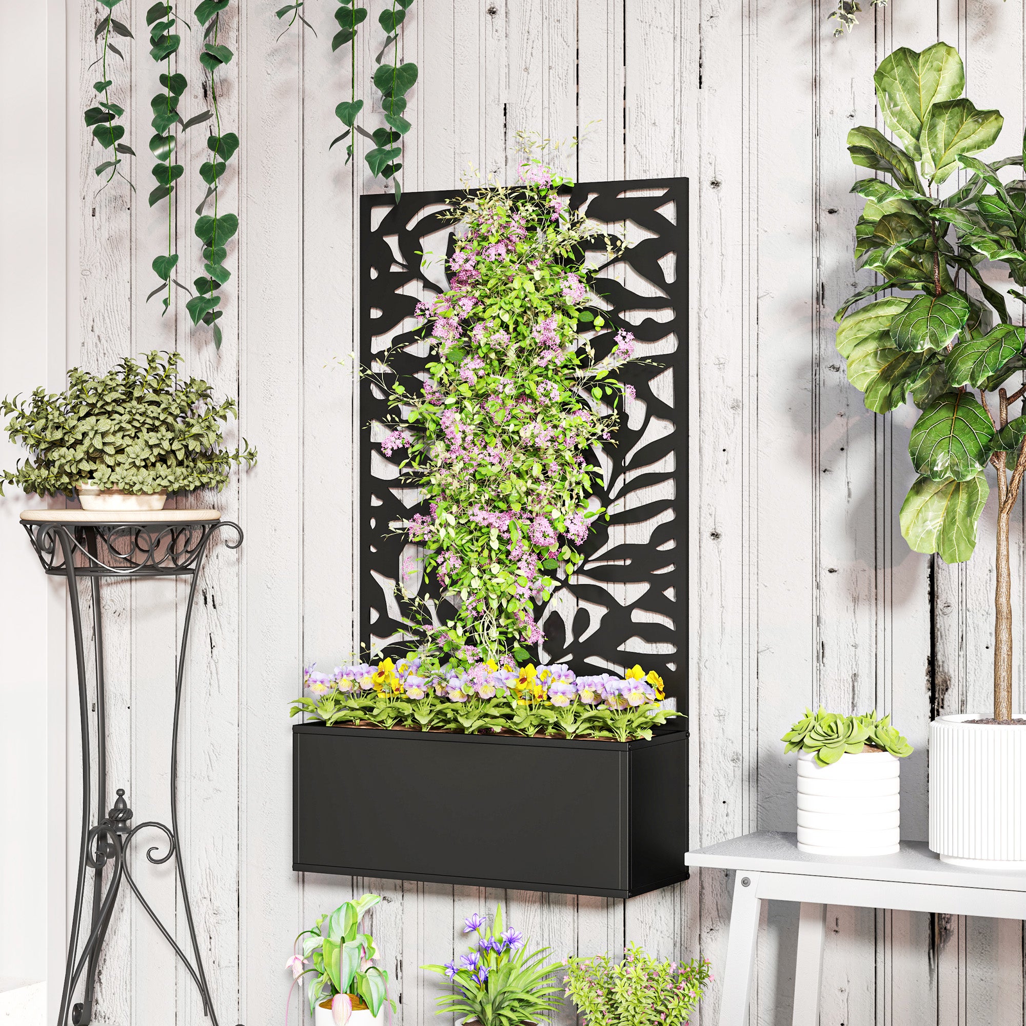 Outsunny Fioriera con Spalliera per Rampicanti in Acciaio, Montaggio a Parete o a Terra, 61x23x113 cm, Nero - 2