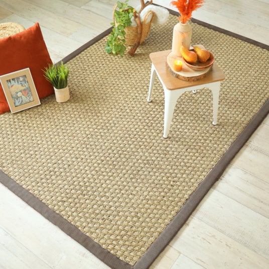 Tapis Jonc de mer Chennai - Natté 4x4 - Ganse lin marron taupe - 200 x 200 cm - 2