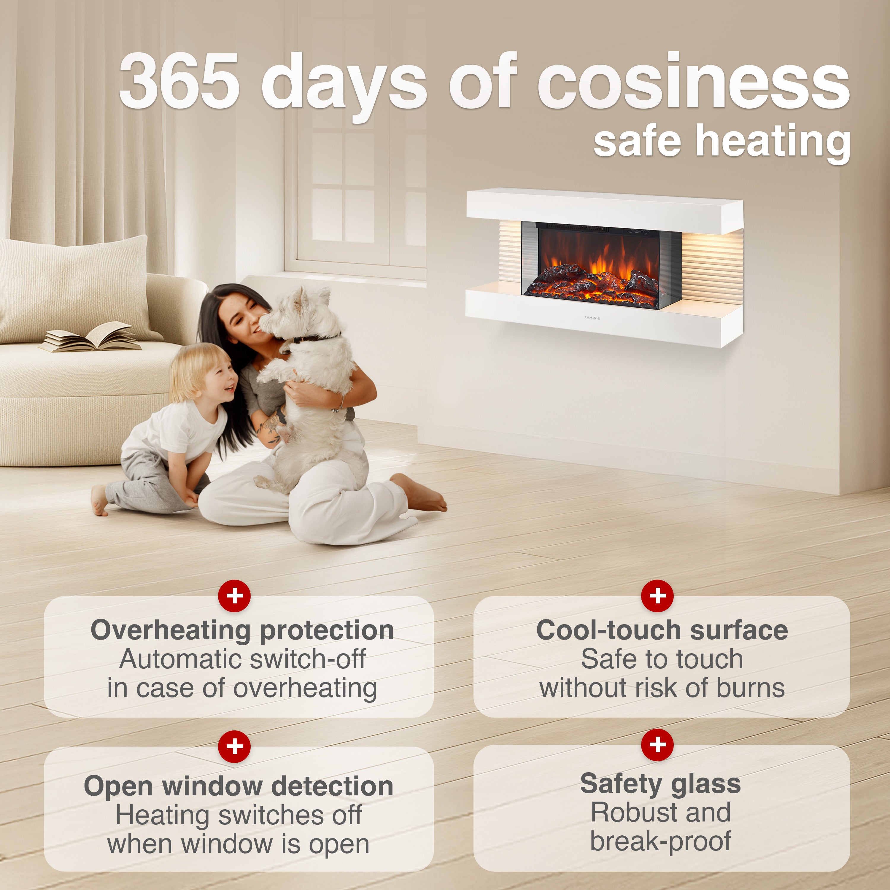 KAMINIO Chimenea eléctrica LIZ - Chimenea de pared con calefacción, efecto llama 3D, luz ambiental, control remoto - Blanco - 5