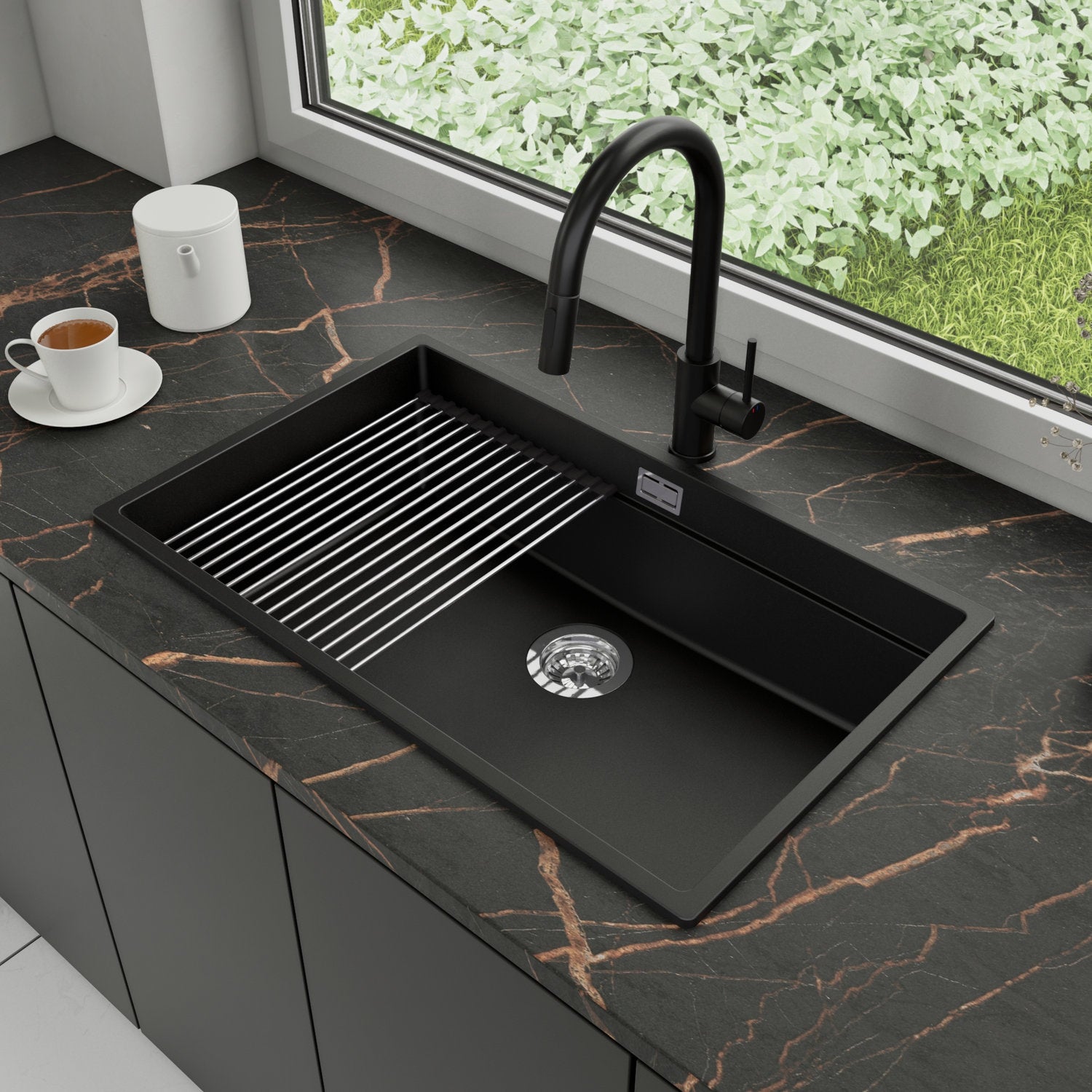 Zlewozmywak Granitowy 76x47cm, do szafki od 80cm + Bateria + Syfon + Zwijany ociekacz - Coral Czarny STONESTYLE