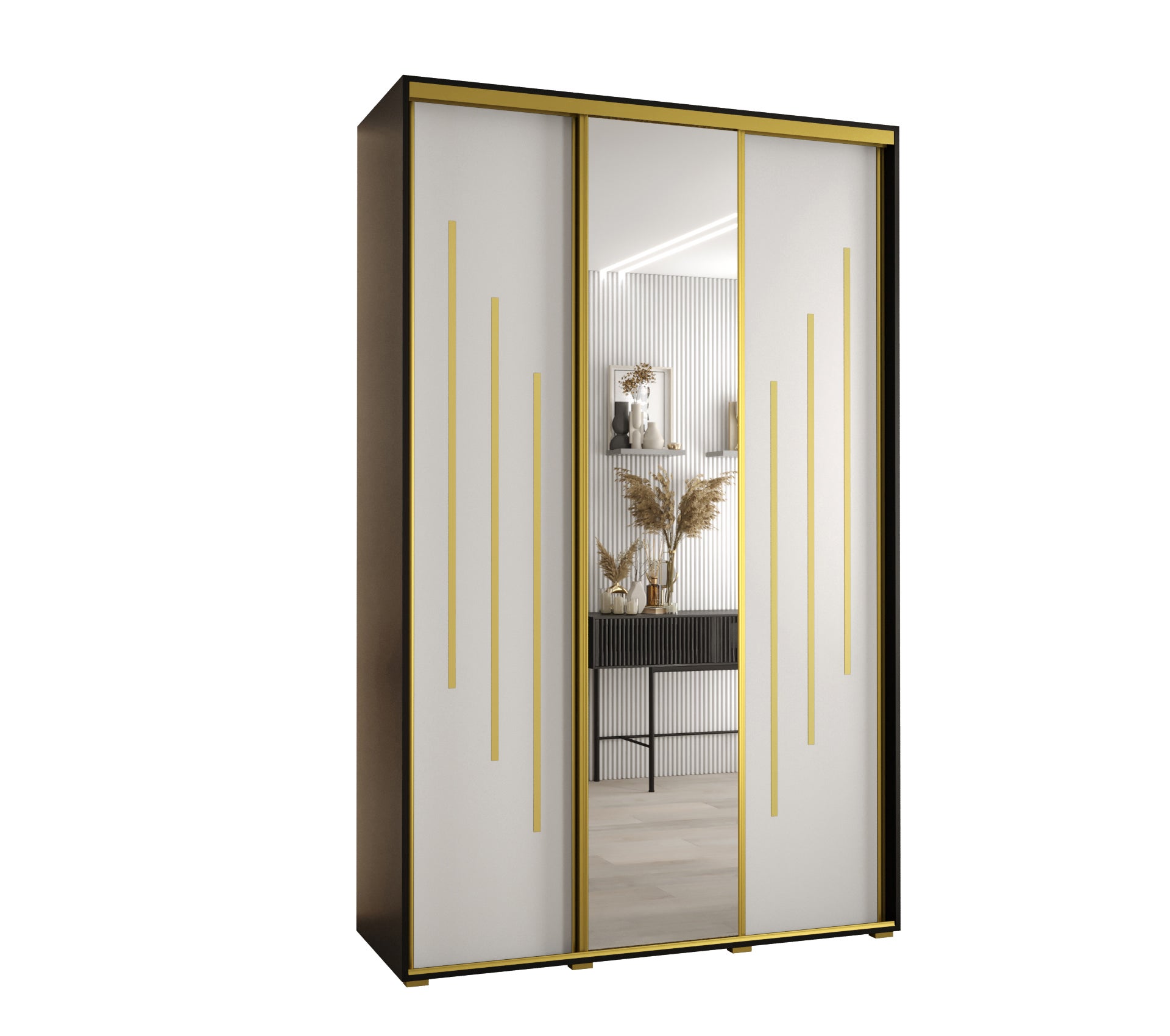 Szafa przesuwna z lustrem wysoka Davos 9 150 x 60 x 235,2 cm czarny + biały + u. złoty - Abiks Meble