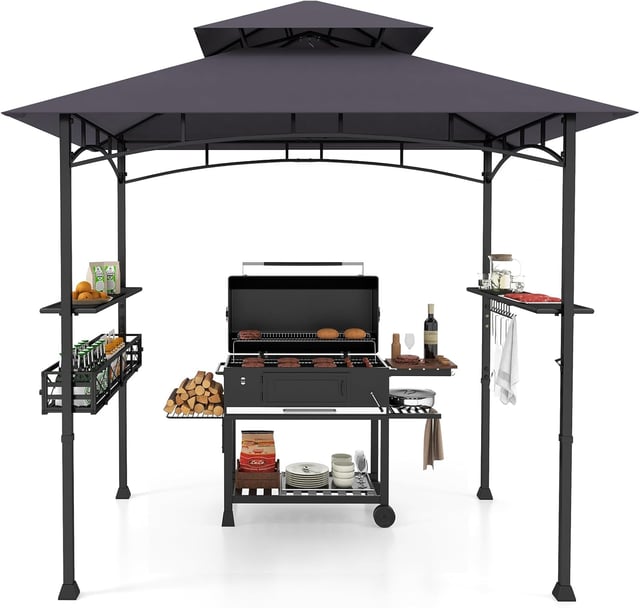 Gazebo per barbecue, riparo barbecue esterno con tetto a 2 livelli, ganci, apribottiglie, riparo, 242x153x250 cm | Grigio scuro