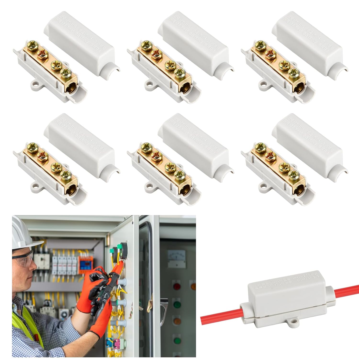 6-częściowy blok zaciskowy, mosiężny blok zaciskowy elektryczny, blok zaciskowy do przewodów z obudową ABS, 100 A, 1000 V, odpowiedni do złącza przewo
