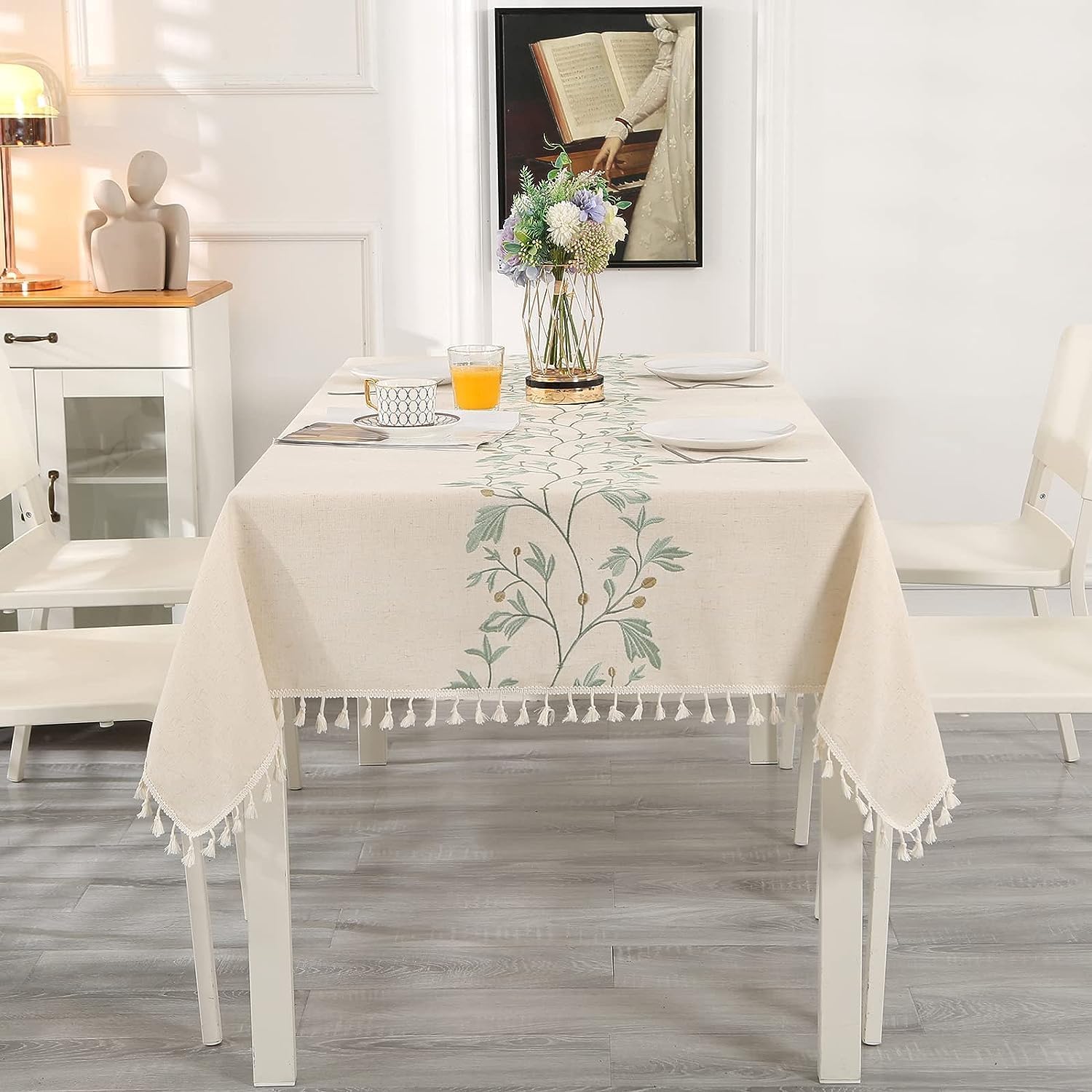 Mantel rectangular beige de 140 x 240 cm, mantel de borlas lavable antimanchas de algodón y lino con bordado de hojas verdes y flecos, mantel imperm