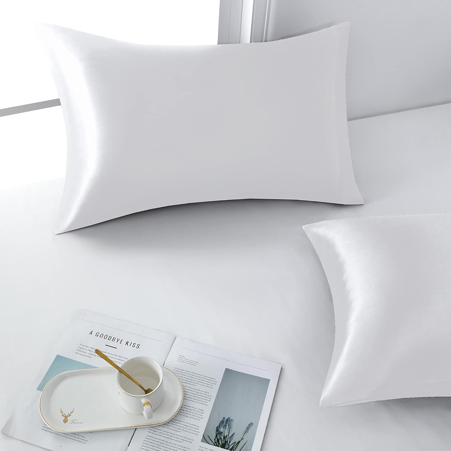 Taies d'oreiller en satin, 40 x 60 cm, douces et agréables pour la peau, blanches, lot de 2 - 4