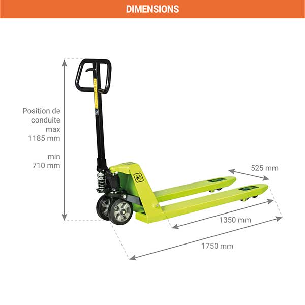 Transpalette manuel à fourches longues 1350x525mm - Capacité 2500kg - Tire palette idéal palette spécifique et longue - TEB71AVY100 - 2