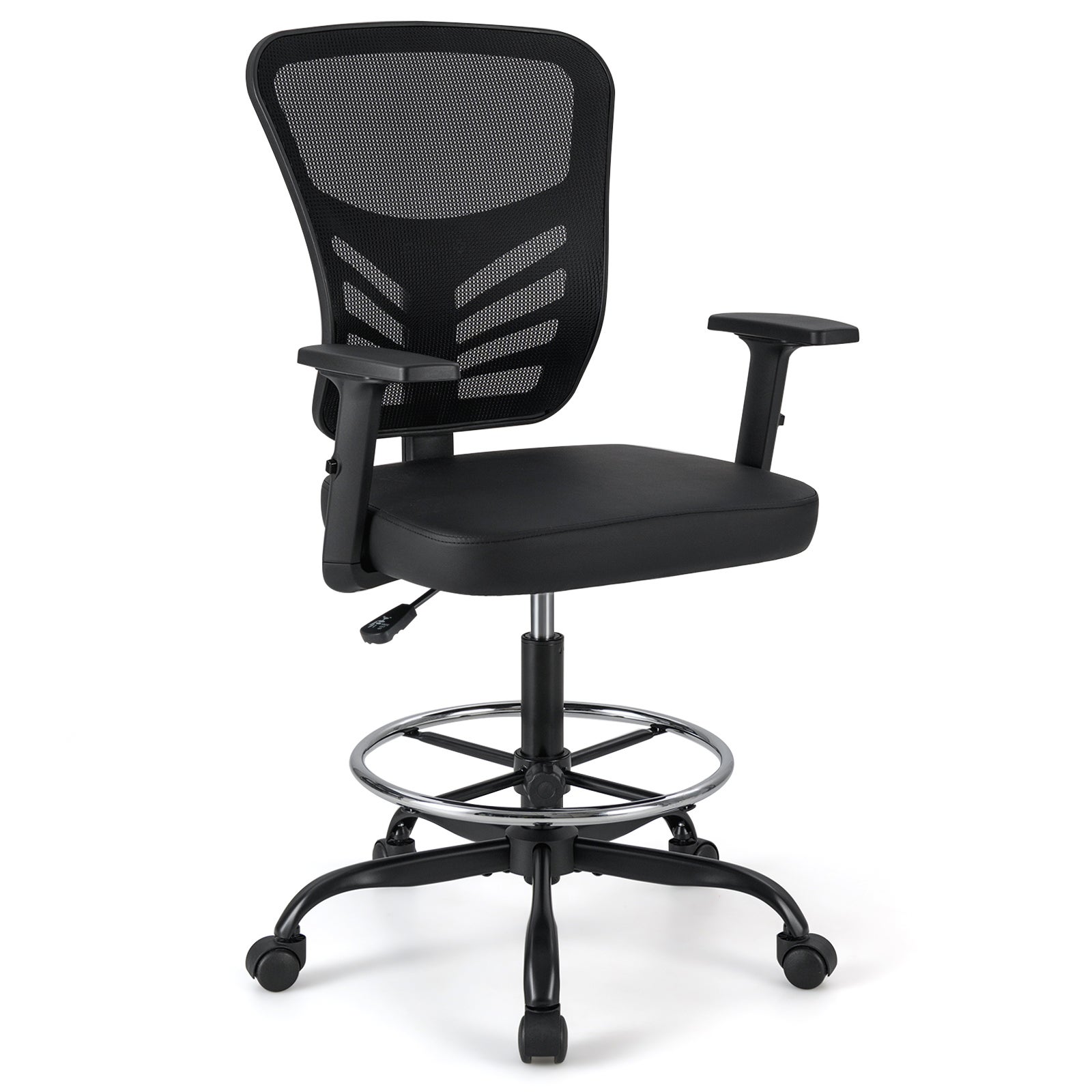 Ergonomiczne krzesło biurowe, wysokość siedziska 54-75 cm, wysokie krzesło obrotowe ze składanymi podłokietnikami i regulowanym pierścieniem na stopę
