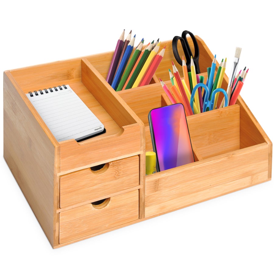 Organizer na biurko z bambusa z 2 szufladami i 7 przegródkami zapewniający doskonałą organizację, dł. 33 x gł. 20,5 x wys. 15,5 cm