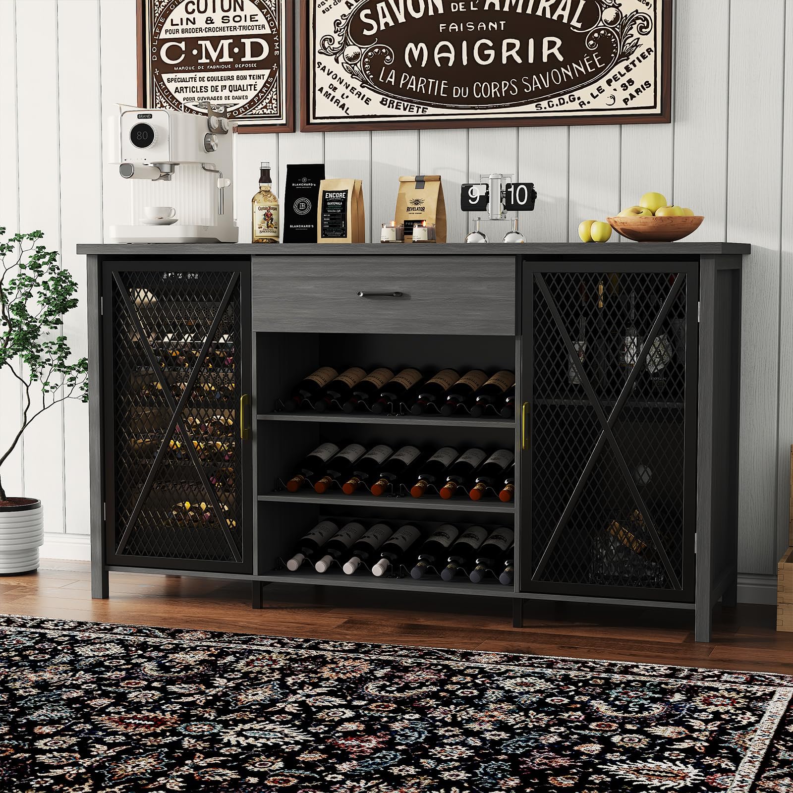 Buffet bar café 180 cm avec mini frigo, rangement 24 bouteilles, tiroir ...
