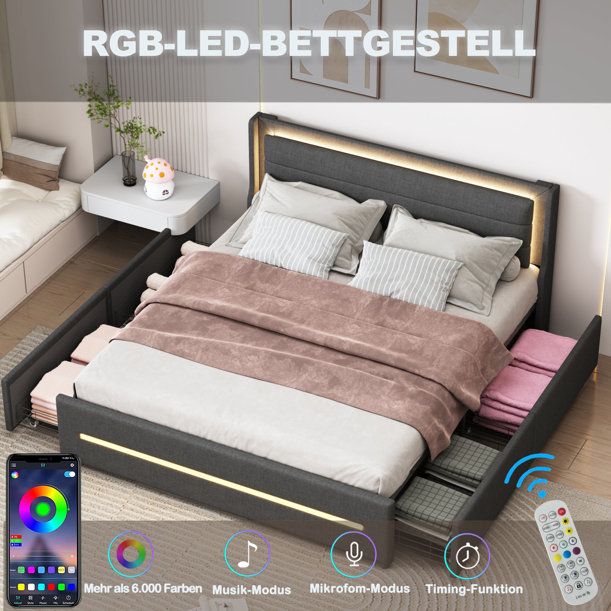 Lit Double 160x200 Cm Avec Tête De Lit Réversible, Prise USB Et éclairage LED - Design Flottant En Lin Gris - 2