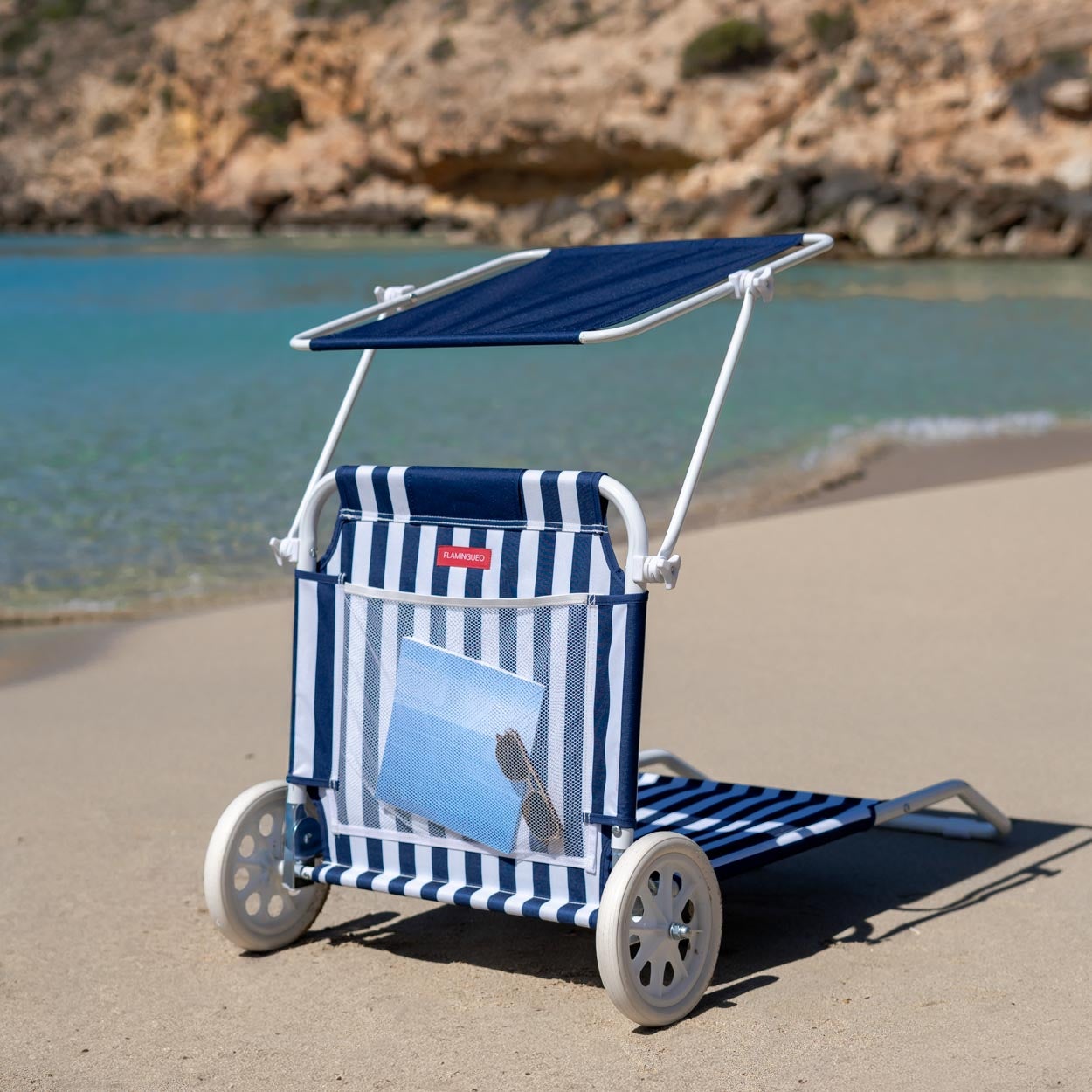 Flamingueo Chaise De Plage Transat Pliable Avec Parasol Polyester Bleu - 5