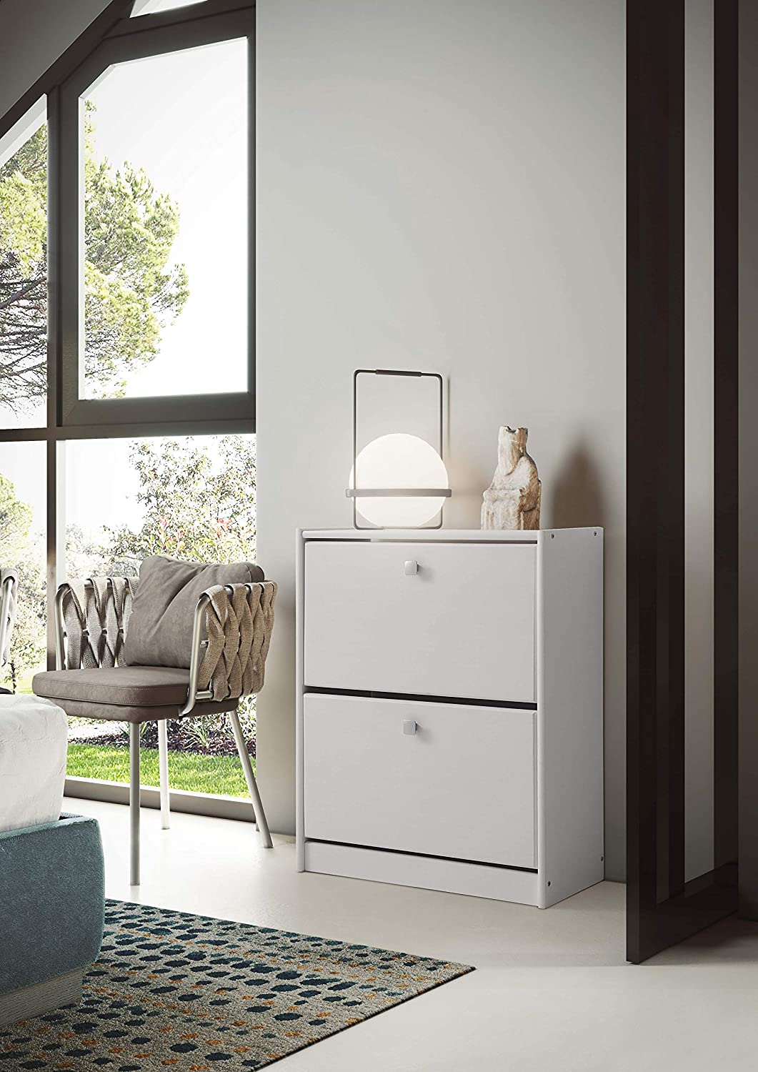 placard à chaussures avec 2 compartiments, pin massif , couleur blanc translucide , mesure 77x63x27cm (hauteur-largeur-profondeur) - 2