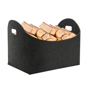 Panier à Bûches En Feutre Robuste 65 Litres – Design Moderne, Poignée En Bois Et Poche Avant Pratique – Idéal Cheminée, Barbecue Ou Rangement Déco