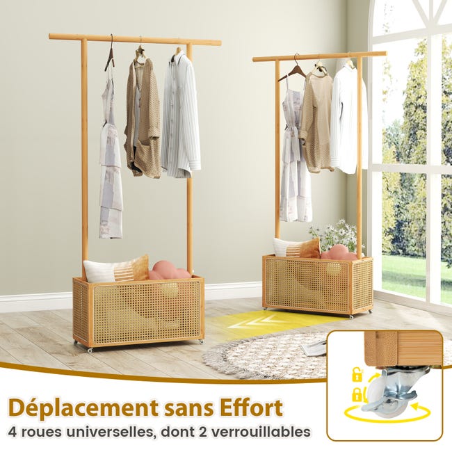 HOMCOM Portant à Vêtements En Bambou Et Acier – Porte-Manteau Design Avec Tringle, Étagères, Crochets Et Barres Latérales – 46 X 28,5 X 153,5 Cm