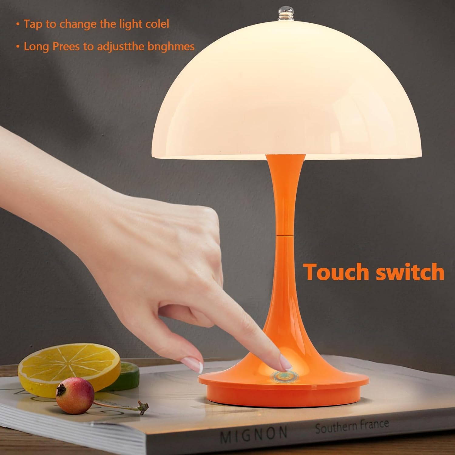 Lampe de chevet rétro, lampe de bureau LED rechargeable en forme de champignon à intensité variable à 3 niveaux, veilleuse à commande tactile, orange - 5