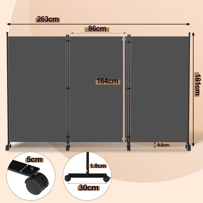 Fiqops Paravent - Paravento Divisorio Su Ruote, 3 Pezzi, 263 X 181 Cm