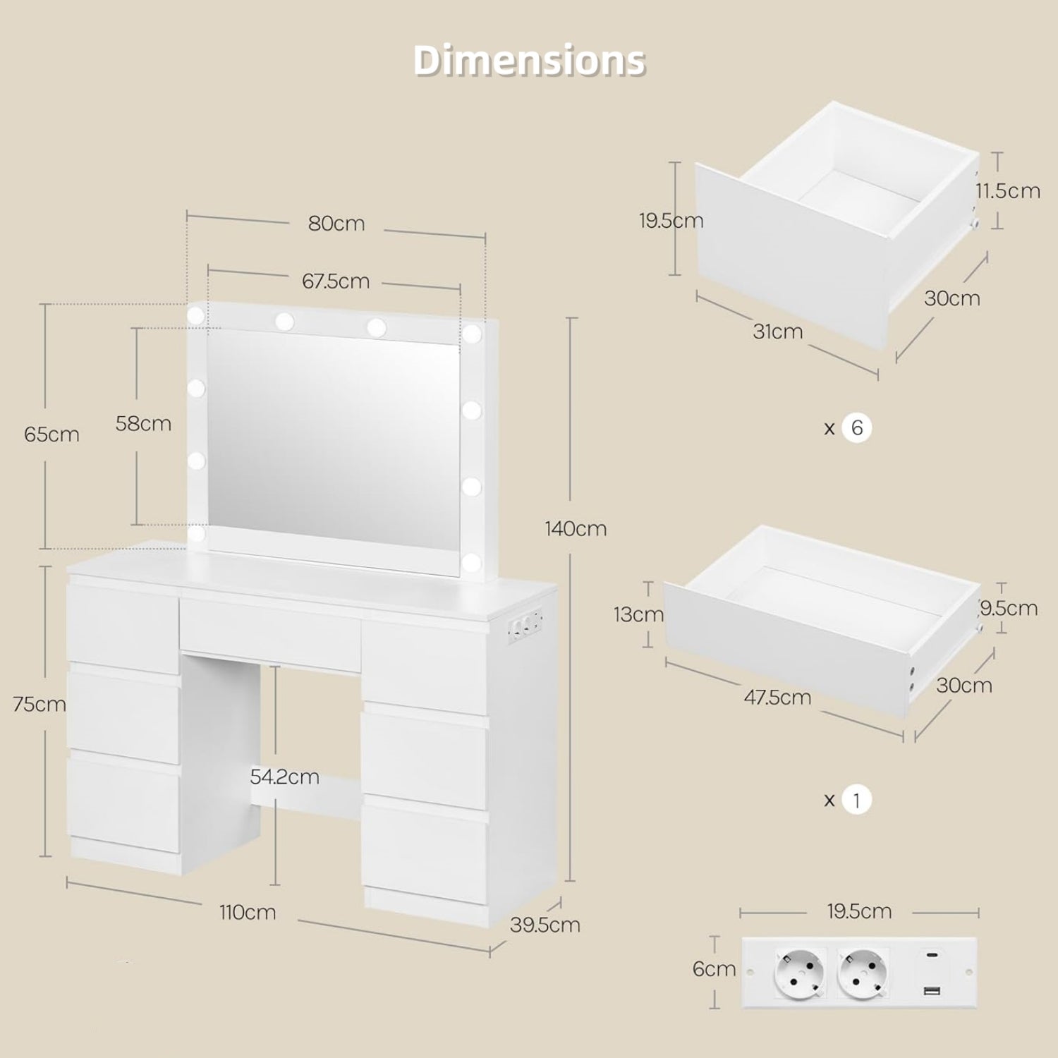 Coiffeuse avec miroir en MDF Blanc H. 110 x l. 39.5 x P. 140 cm - 4