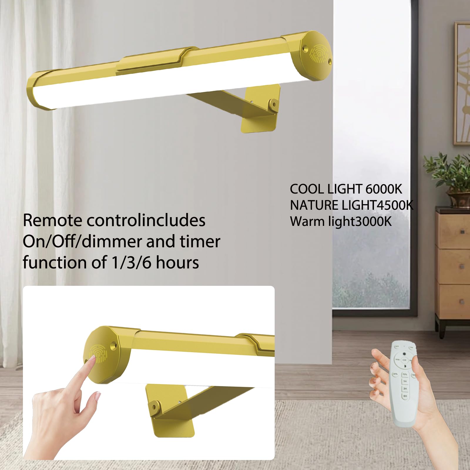 Lampe pour tableau sans fil avec télécommande, minuterie 3 couleurs et intensité variable, lampe LED pour cadre photo - 4