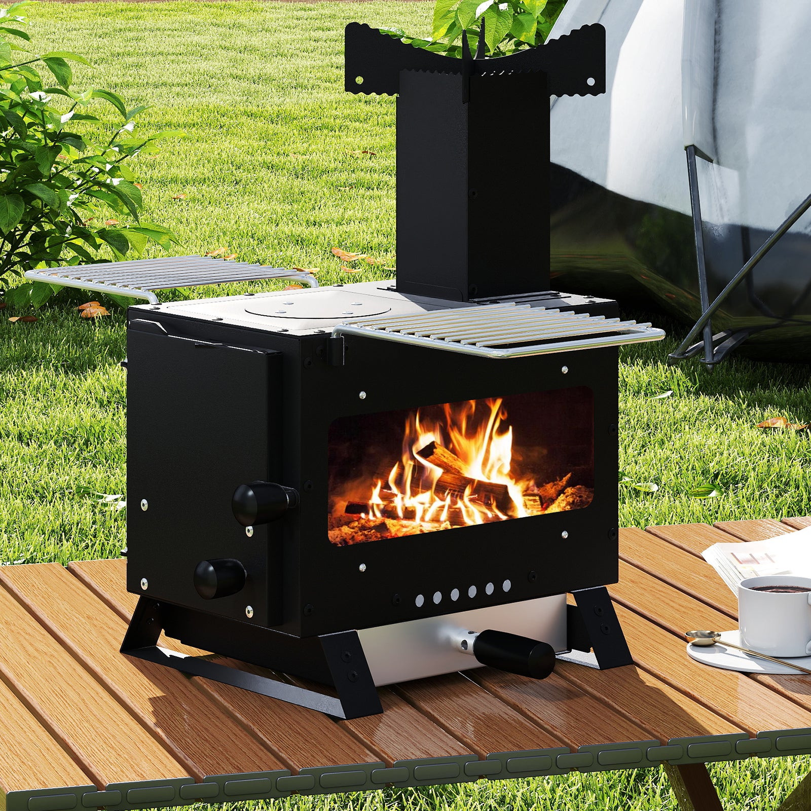 Mini Poêle à Bois Portable avec 2 Grilles, Mini-brûleur Réchaud à Bois avec Vitre pour Camping, Pique-nique, Pêche et Barbecue, 54 x 36 x 44 cm - 4
