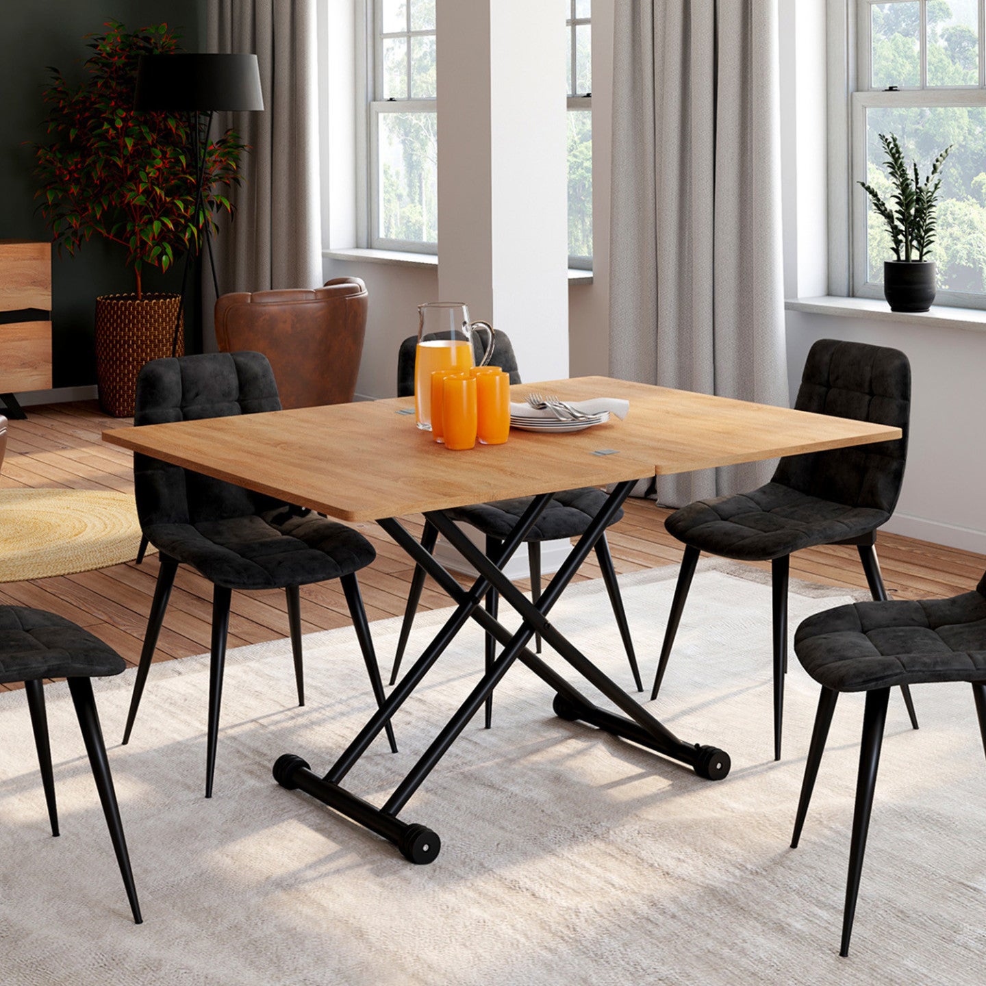 Table basse 2 en 1 relevable en table à manger rectangulaire URBANA 100 cm bois et noir design industriel - 5