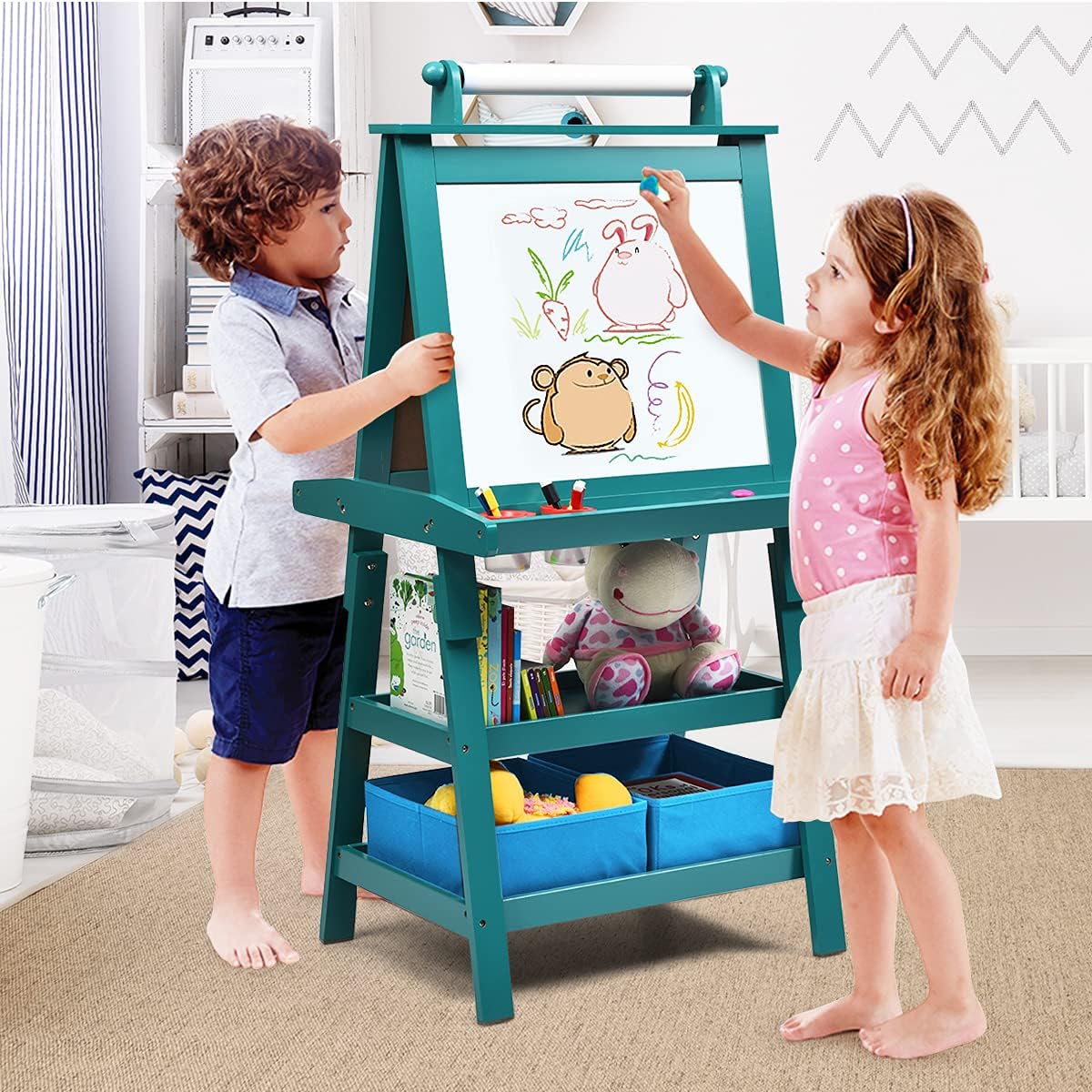 Chevalet pour Enfants 3 en 1 Tableau de Dessin Magnétique Double Faces (Tableau Blanc + Tableau Noir) avec Rouleau de Papier, 2 Etagères, Bleu - 9
