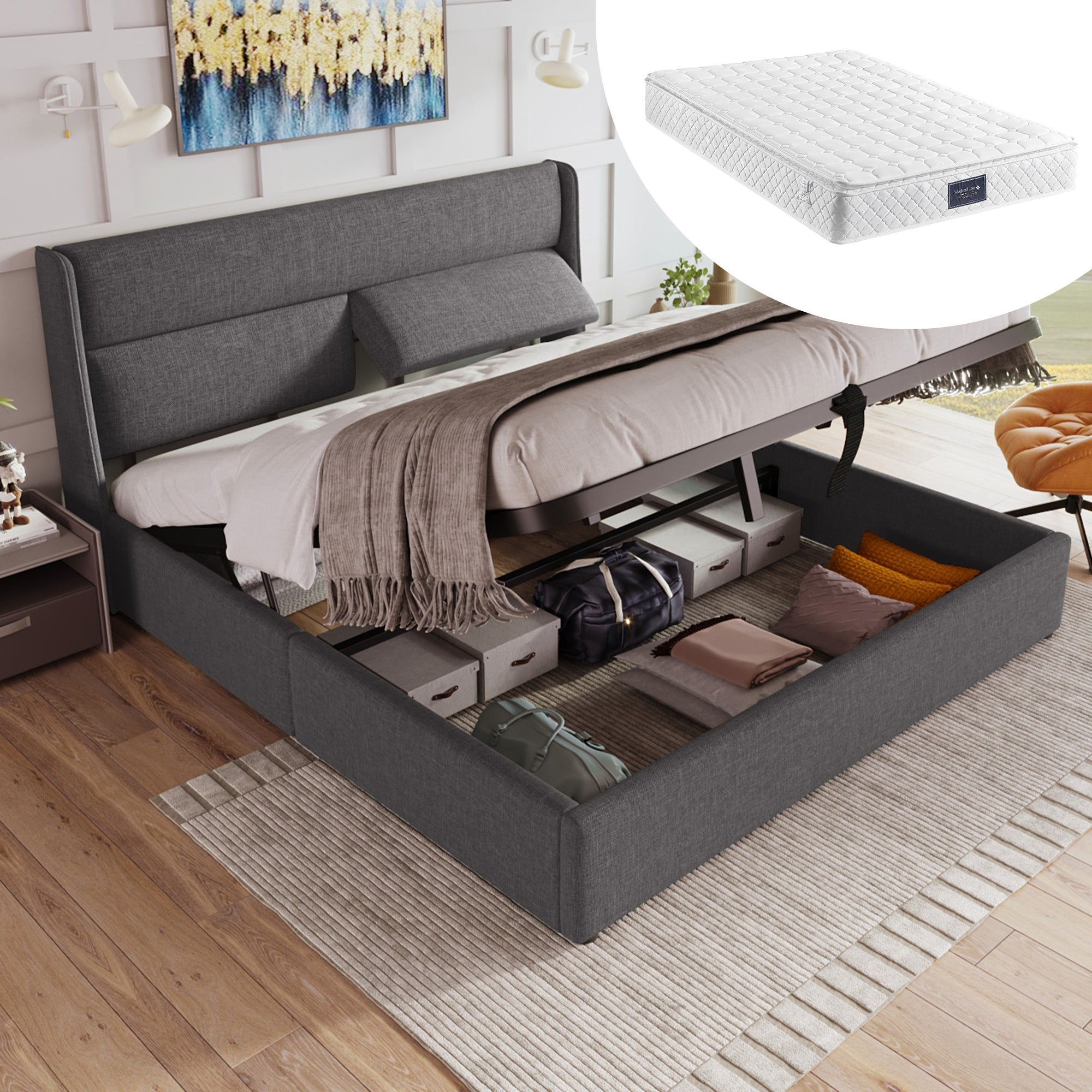 Bettgestell z regulowalnym oparciem - szare, 140x200cm, z magazynowaniem, linia, metalowy