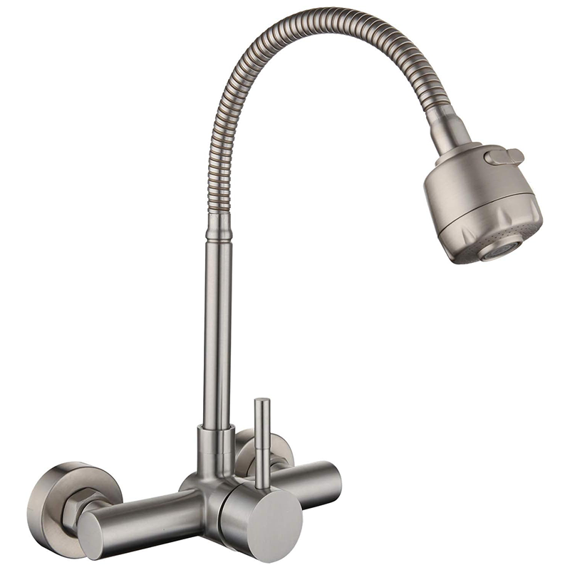 Bateria kuchenna ścienna ze stali nierdzewnej 304, bateria zlewozmywakowa obrotowa 360° z elastycznym wężem szczotkowanym