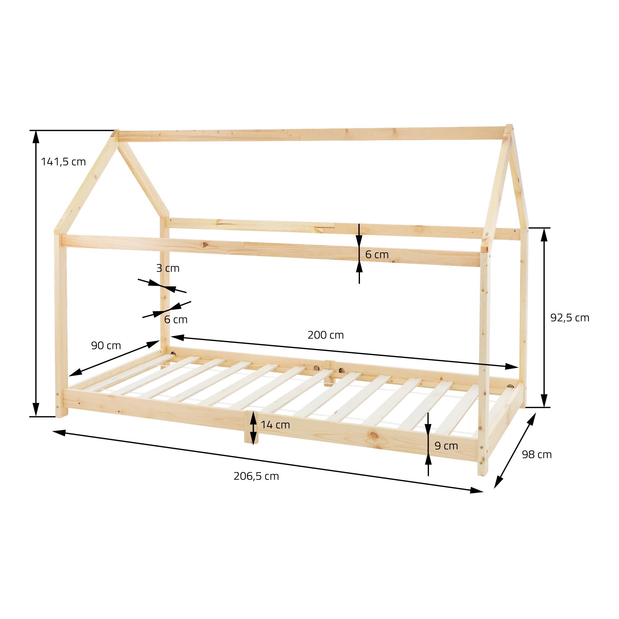 Lit cabane enfant 90x200 cm naturel bois de pin massif avec matelas H16cm, toit et sommier à lattes, couchage au sol maisonnette - 8