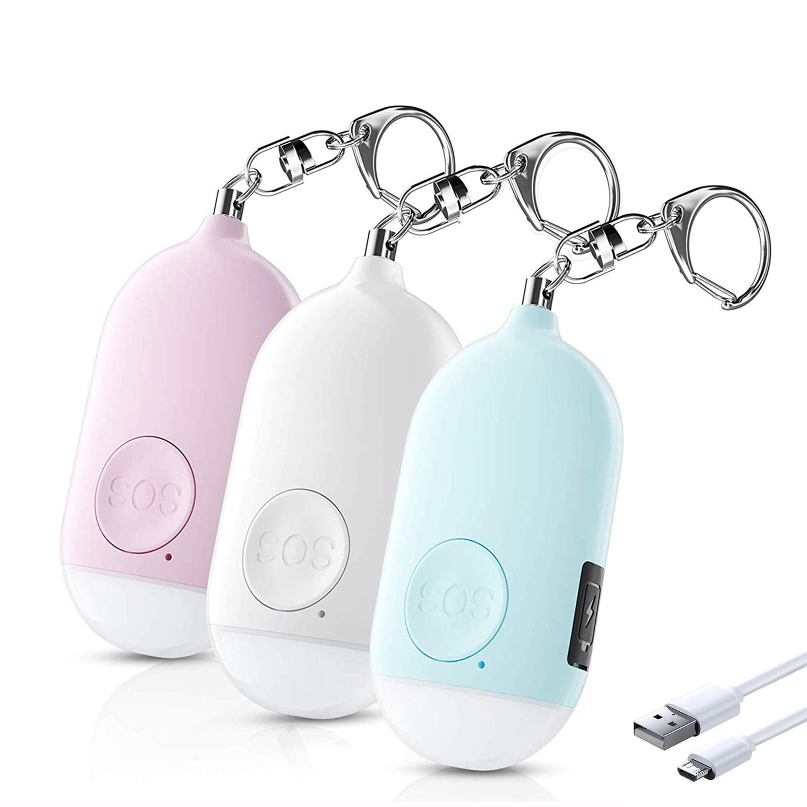 Zestaw 3 alarmów osobistych, ładowalny alarm kieszonkowy, syrena samoobrony 130 dB ze światłem LED, wodoodporność IP44 (różowy + biały + niebieski)