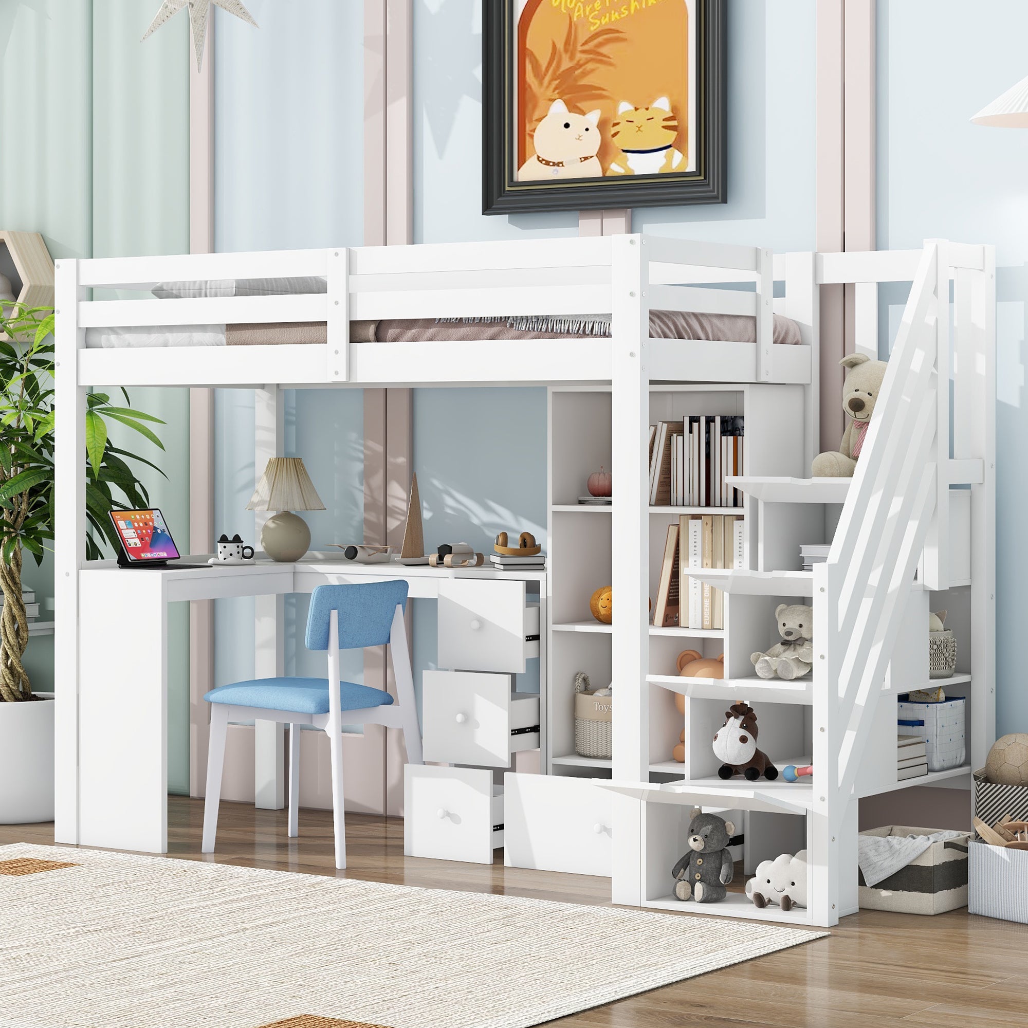 Lit mezzanine 90 x 200 cm, rampe, bureau, tiroirs, armoire de rangement ouverte, escabeau escamotable, étagères multiples - 2