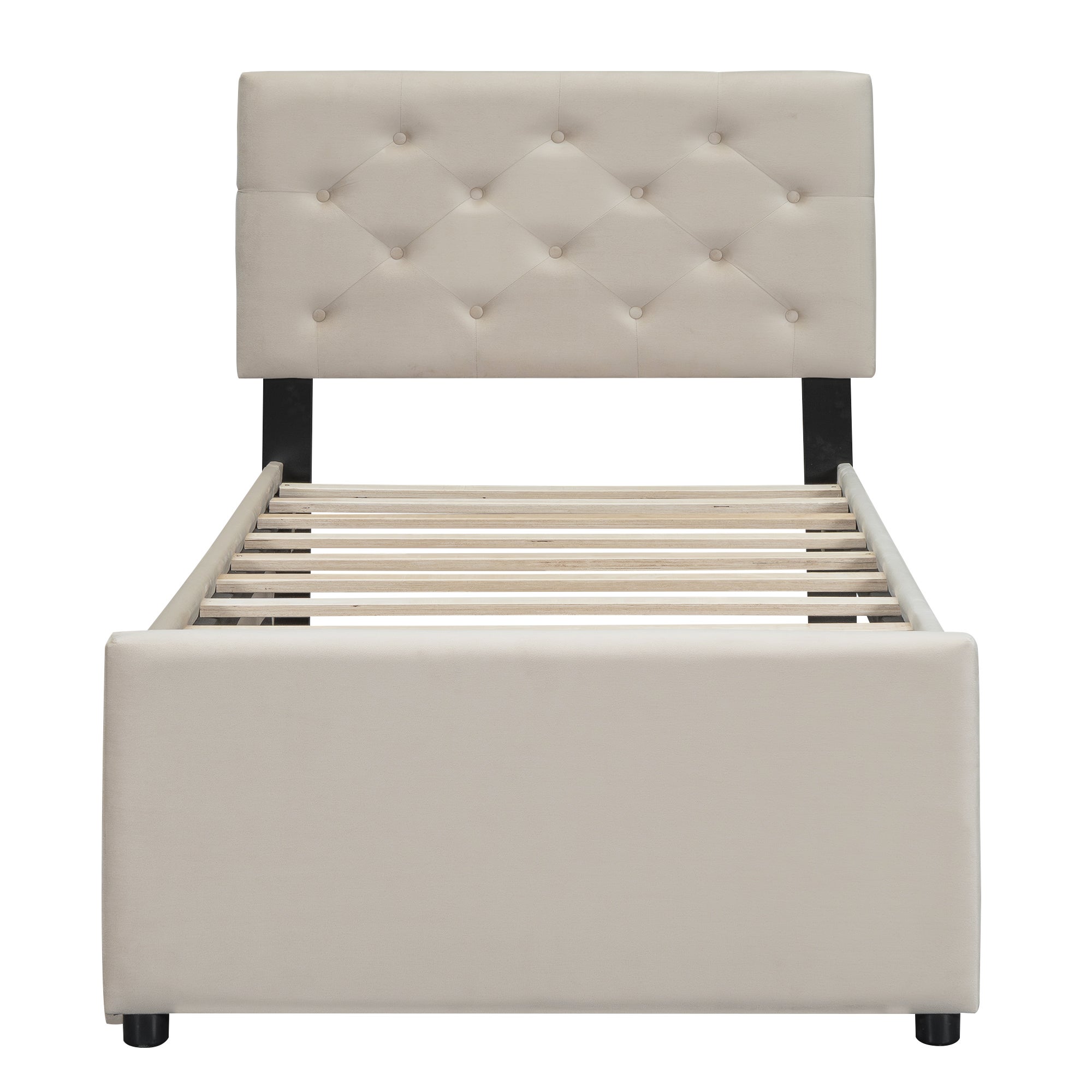 Lit simple 90x200cm en velours - avec un lit gigogne - avec sommier à lattes - Beige (matelas non inclus) - 6
