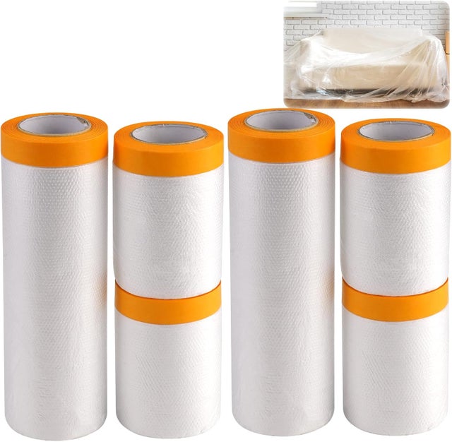 6 Rouleaux de Film de Masquage avec Ruban Adhésif Transparente (4 x 55 cm×20 m + 2 x 150 cm×20 m), Blebâches Anti-Poussière en Plastique avec Ruban Ad