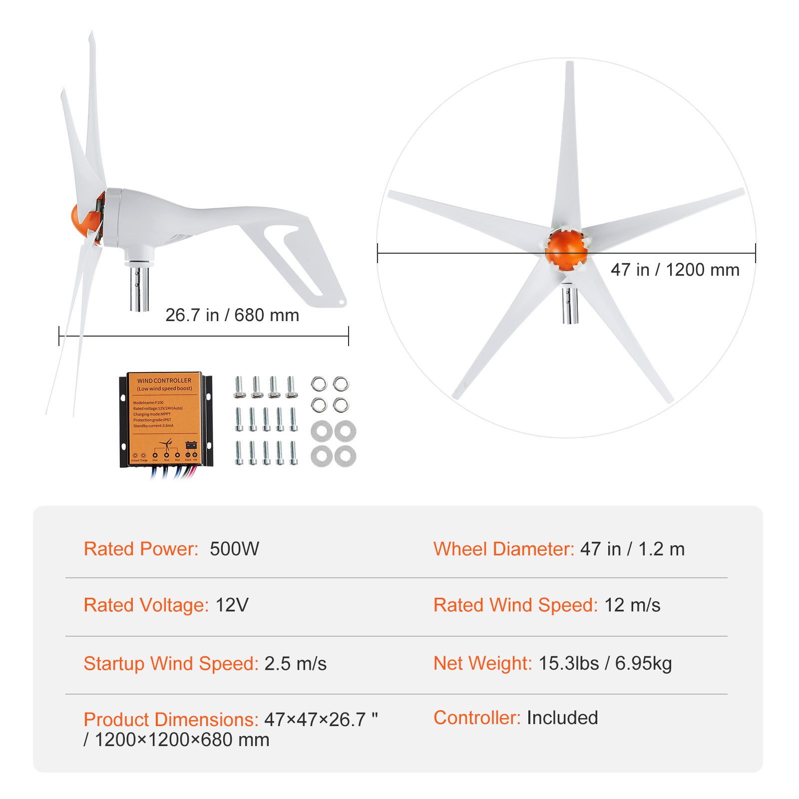 Gerador turbina eólica 500 W, kit energia eólica 12 V e 5 lâminas com controlador MPPT, direção vento ajustável e velocidade partida 2,5 m/s SucceBuy - 9