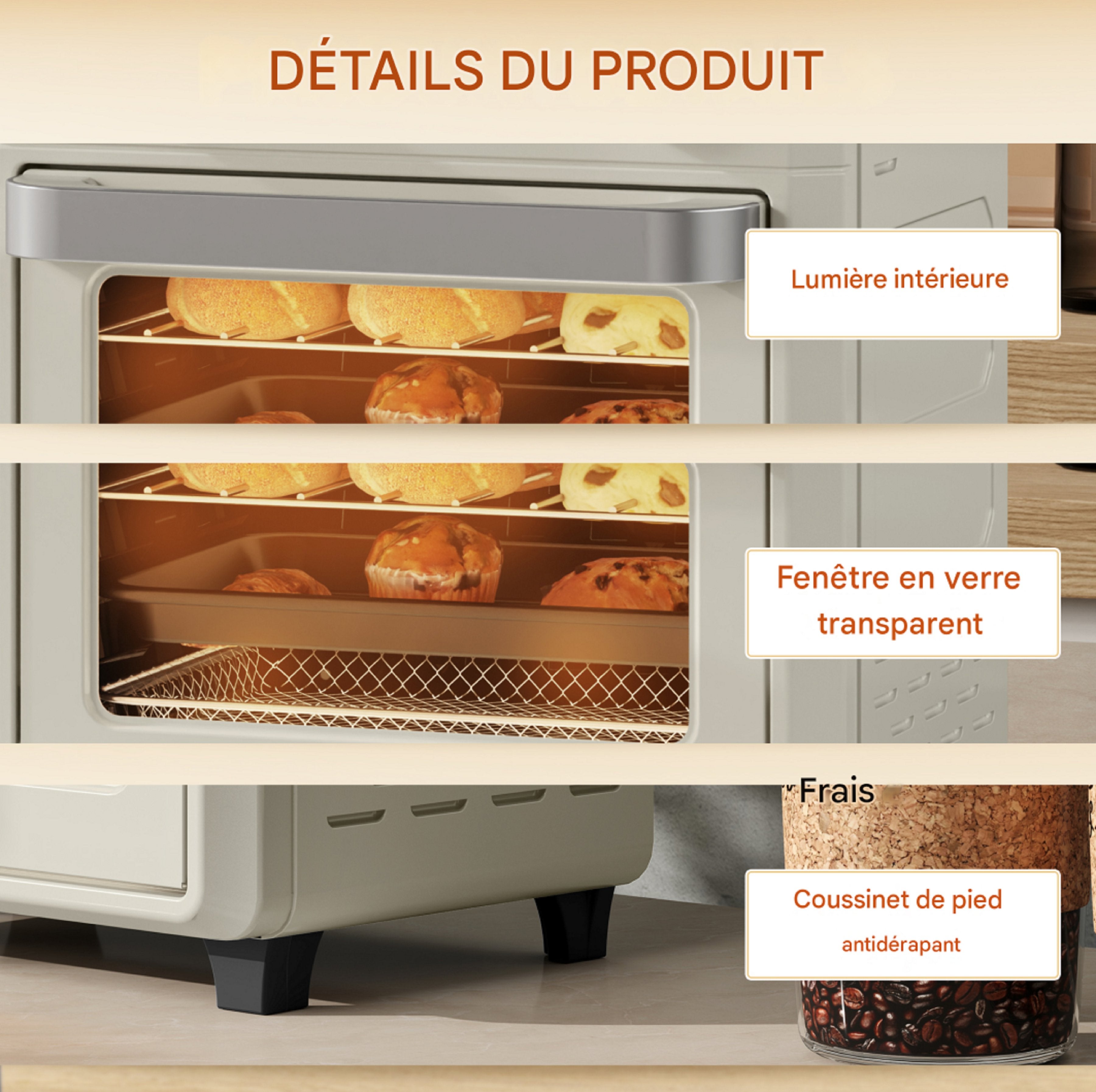 Four HOMCOM Mini à convection 10 L 2 en 1 avec grille, friteuse à air chaud 80 °C-230 °C avec écran tactile, 1000 W - 7