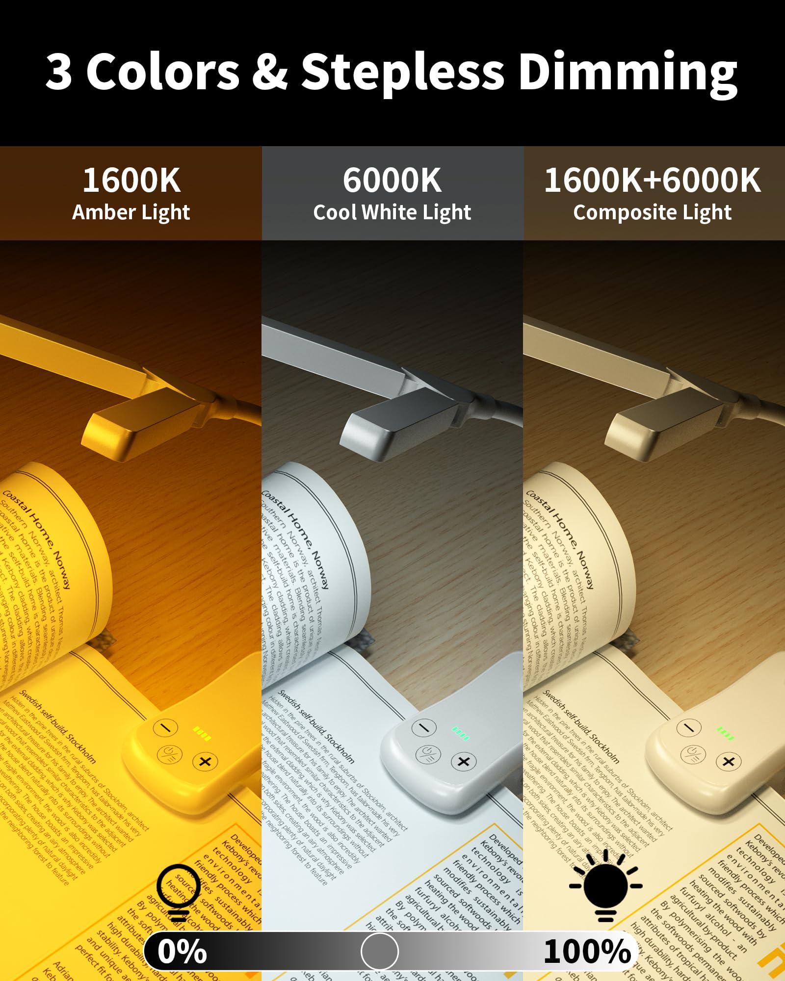 Lampe de lecture 14 LED, lampe à pince rechargeable, protection des yeux, 3 couleurs et 8 luminosité, tête réglable à 180°, portable pour lire au lit - 2