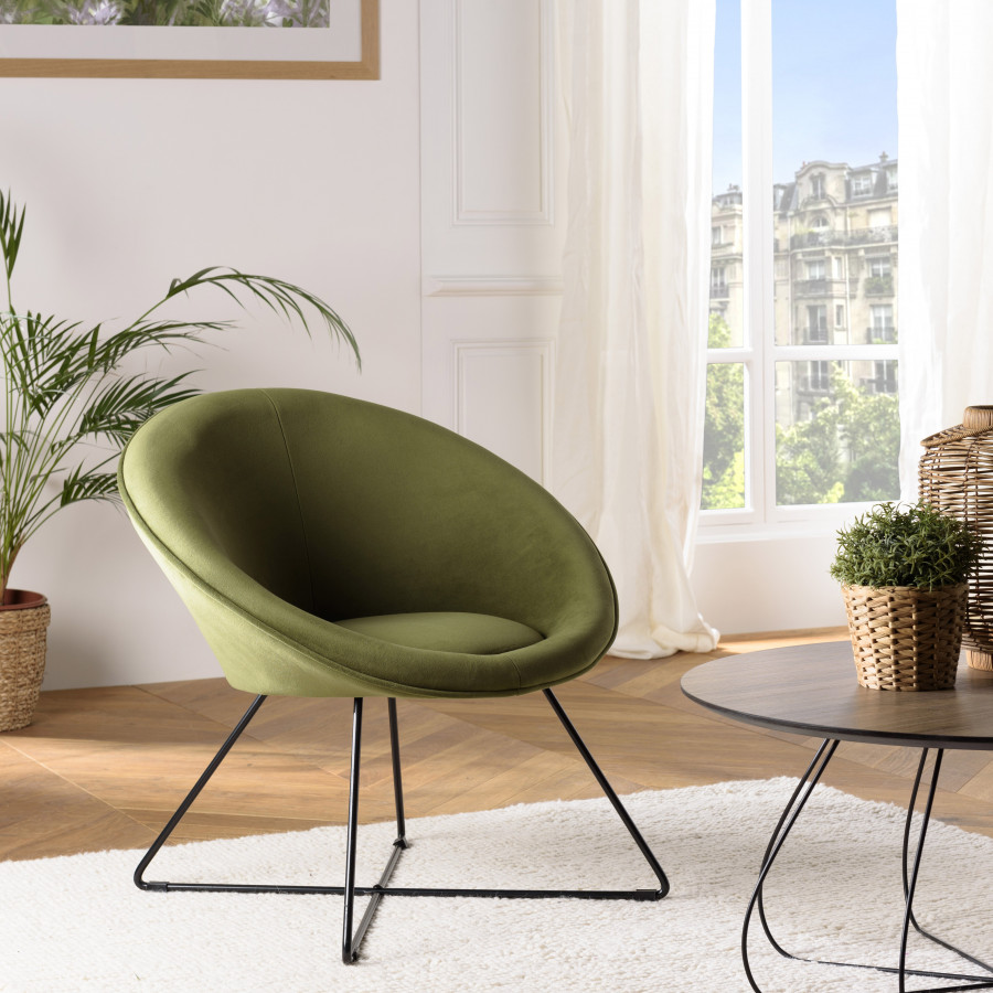 Albane- sillón de terciopelo verde oliva con patas cruzadas de metal negro