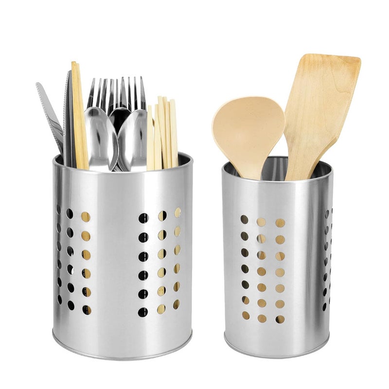 Zestaw 2 uchwytów na przybory kuchenne – Organizer kuchenny – Stal nierdzewna – 16 cm i 18 cm – Pasuje do chochli, szpatułek i innych – Srebrny