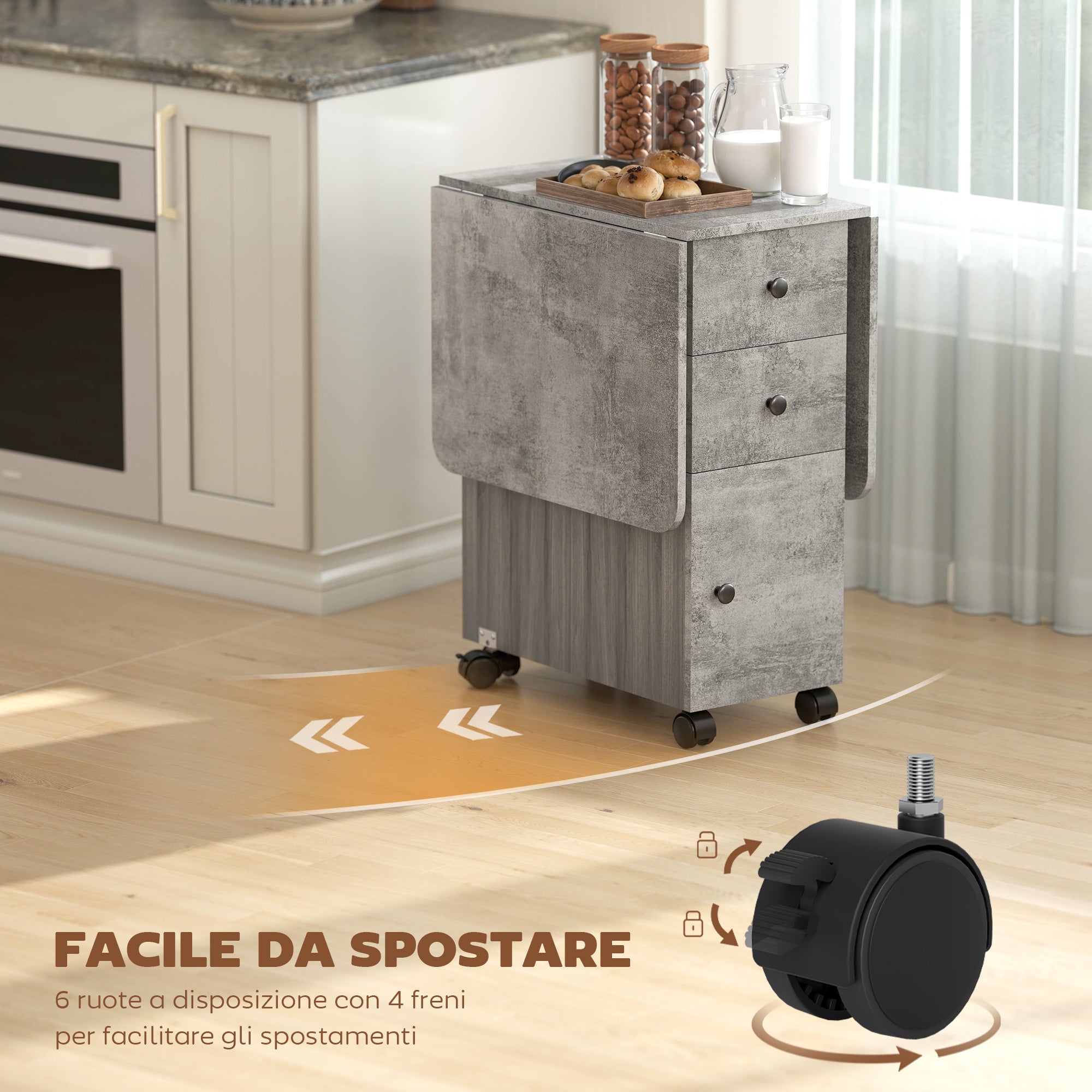 HOMCOM Tavolo Pieghevole con 2 Cassetti e Armadietto, 6 Rotelle e Freni, 120x60x76.5 cm, Grigio Legno e Roccia - 7