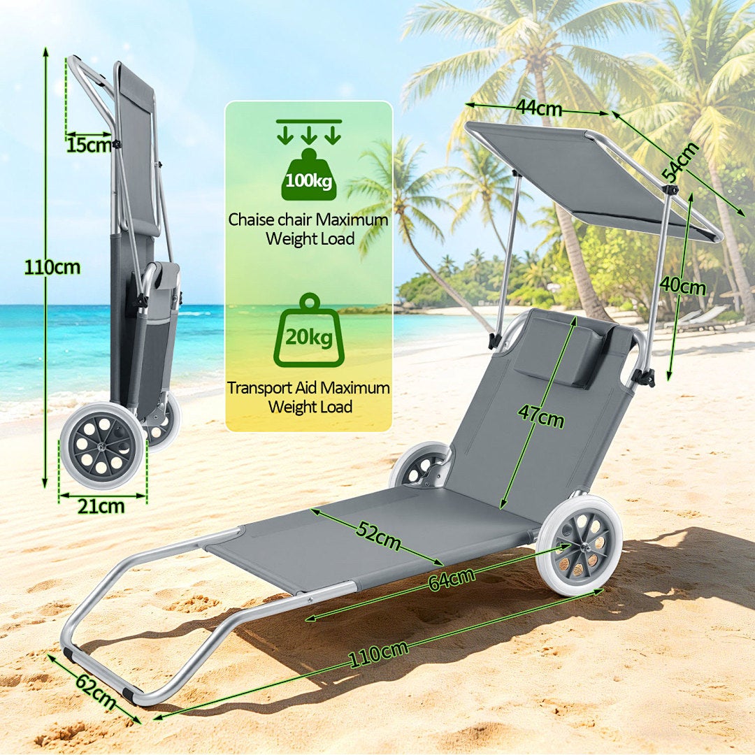 Espreguiçadeira com rodas, espreguiçadeira de praia dobrável com encosto ajustável, espreguiçadeira para exterior , conjunto de 2 - 2