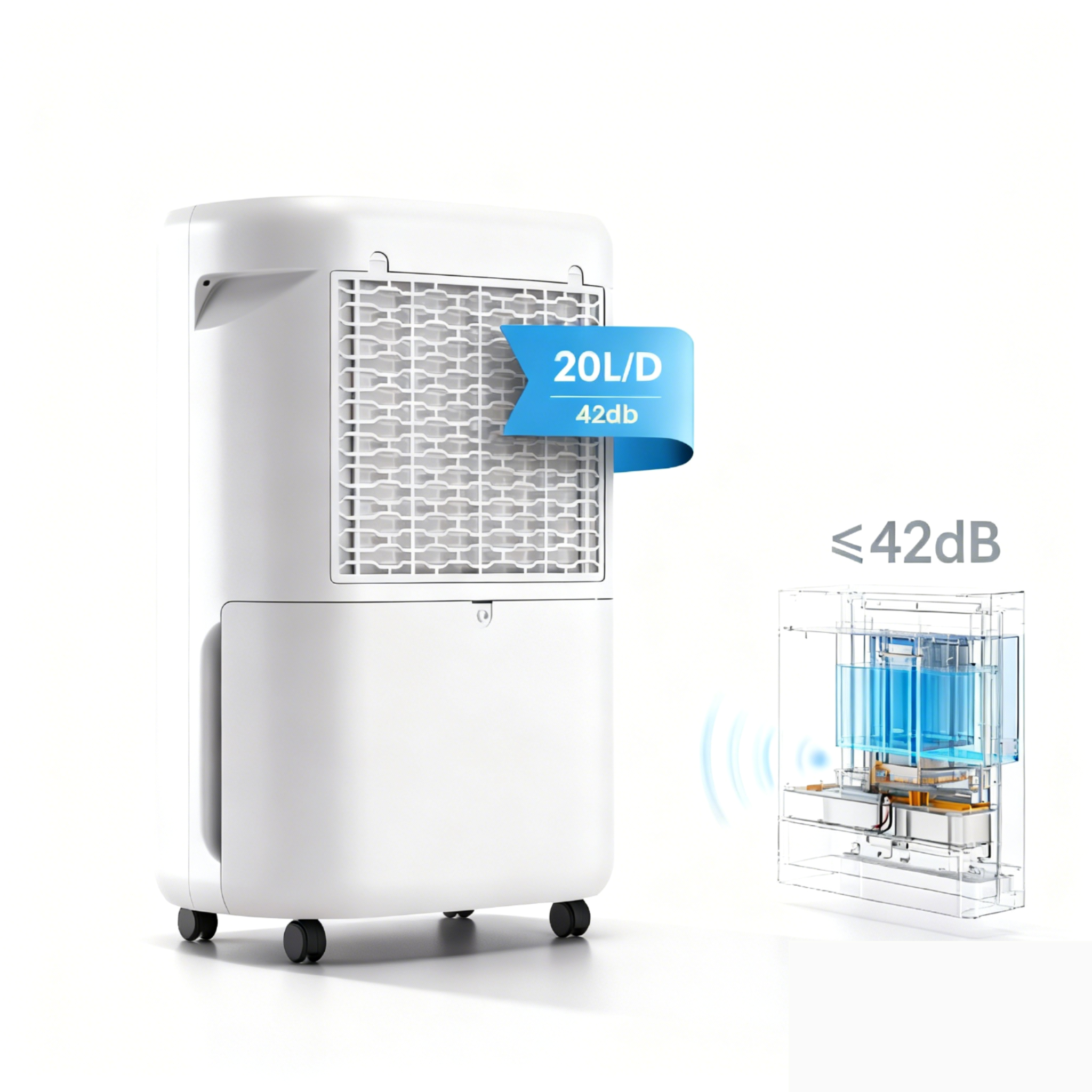 Osuszacz powietrza 20 l/dzień, cichy (42 dB), dla pomieszczeń 40-60 m², automatyczne wyłączanie, timer, wiele trybów pracy