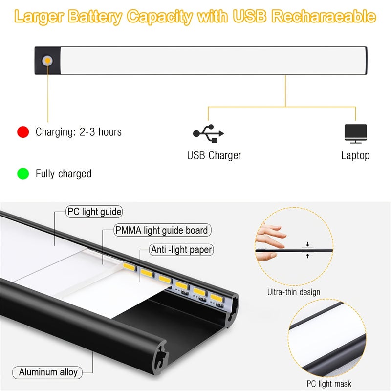 Luz nocturna inteligente LED ultradelgada de 40 cm con sensor de movimiento y recargable por USB para armario, dormitorio y cocina. - 5