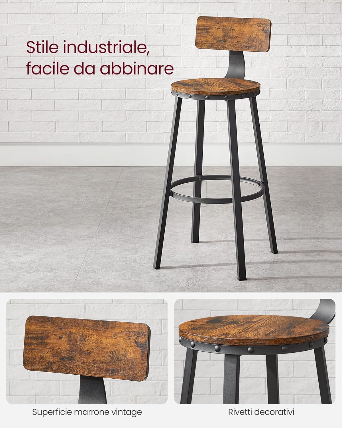 Sgabelli da Bar alti con Schienale, Set 2 Pezzi, Cucina, Acciaio, Seduta 73,2 cm, Industriale, Marrone e Nero - 8