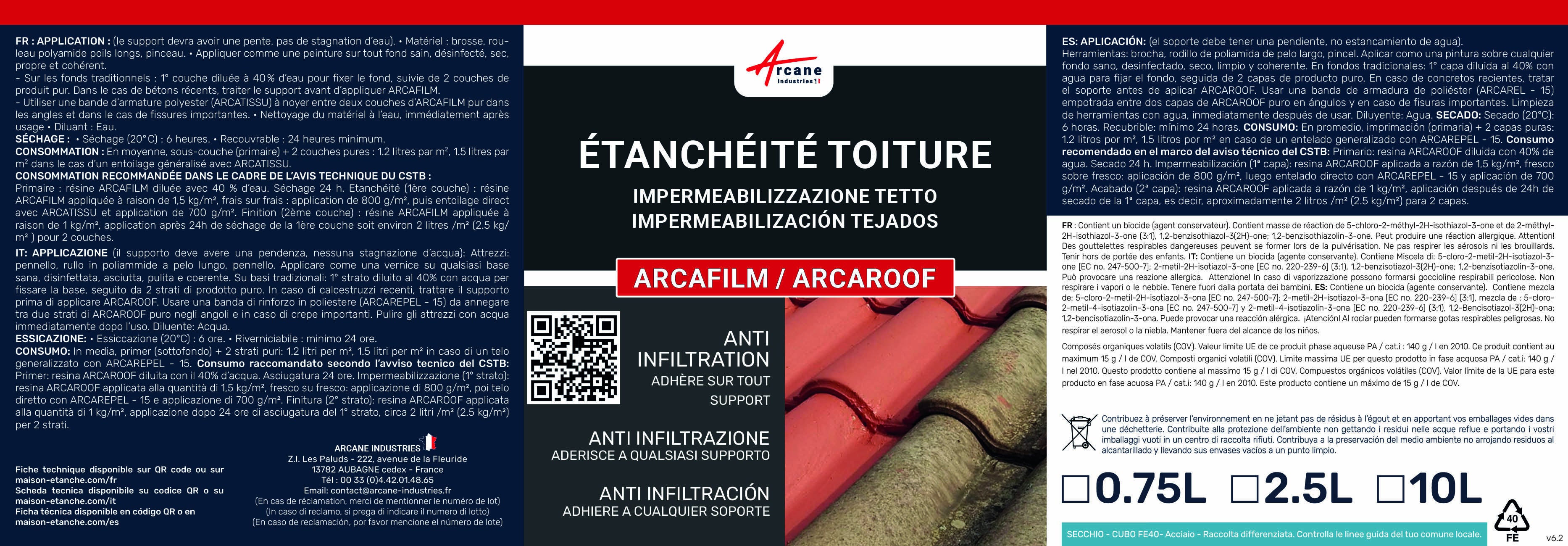 Étanchéité Toiture, Résine d'étanchéité colorée : ARCAFILM Tuile - 0.75 L - ARCANE INDUSTRIES - 8