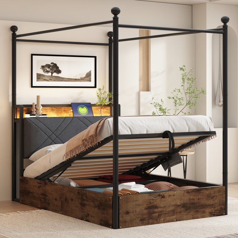 Łóżko podwójne z pojemnikiem 90x190 cm - z metalowym baldachimem - wyjmowanymi słupkami - z diodą LED i portem USB/typu C - kolor czarny