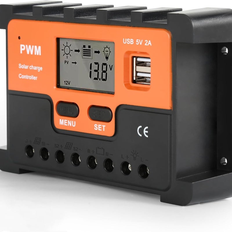 Regulator ładowania PWM 20A, 12 V/24 V, podwójne wyjście USB 5 V, do paneli słonecznych
