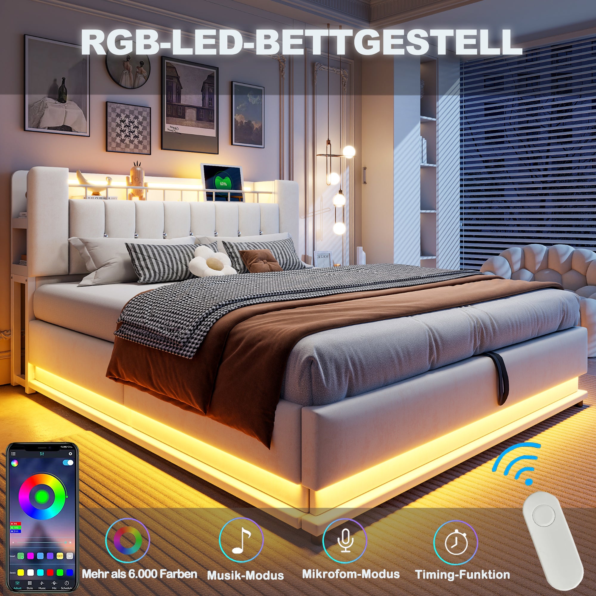 Łóżko z pojemnikiem na pościel 180 x 200 cm i zagłówkiem - Tkanina aksamitna - Diody LED - Porty USB - Beżowe (Materac nie jest wliczony w cenę) - 5